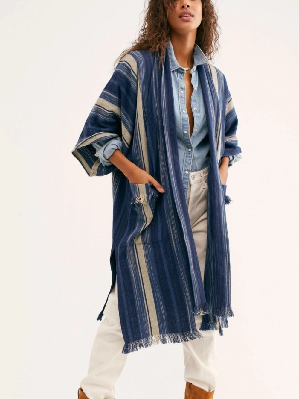 Free People Odyssey Indigo Blue Stripe Kimono One Size
